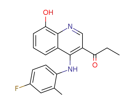 Molecular Structure of 125500-83-6 (3-propanoyl-4-(4-fluoro-2-methyl-phenylamino)-8-hydroxyquinoline)