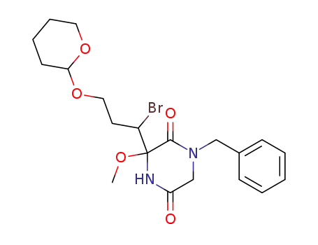 Molecular Structure of 88521-46-4 (2,5-Piperazinedione,
3-[1-bromo-3-[(tetrahydro-2H-pyran-2-yl)oxy]propyl]-3-methoxy-1-(phen
ylmethyl)-)