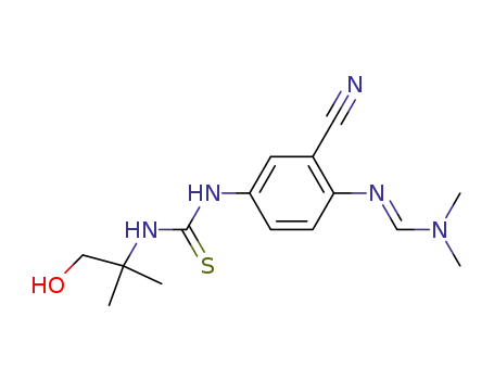 Molecular Structure of 1429755-57-6 (N-[3-cyano-4-[[(1E)-(dimethylamino)methylene]amino]phenyl]-N'-(2-hydroxy-1,1-dimethylethyl)thiourea)