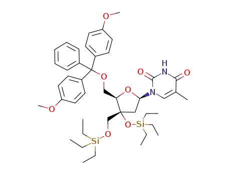 Molecular Structure of 220928-44-9 (1-(5-O-(4,4'-dimethoxytrityl)-3-O-(triethylsilyl)-3-C-(triethylsilyl-oxymethyl)-2-deoxy-β-D-threo-pentofuranosyl)thymine)