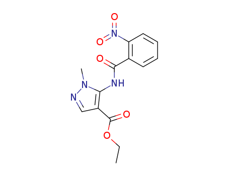 Molecular Structure of 104907-76-8 (1H-Pyrazole-4-carboxylic acid, 1-methyl-5-[(2-nitrobenzoyl)amino]-,
ethyl ester)