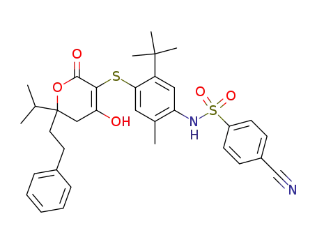 N-(5-tert-butyl-4-{[6-hydroxy-2-(1-methylethyl)-4-oxo-2-(2-phenylethyl)-3,4-dihydro-2H-pyran-5-yl]sulfanyl}-2-methylphenyl)-4-cyanobenzenesulfonamide