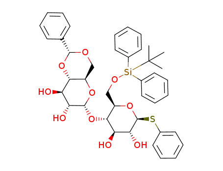 Molecular Structure of 309913-15-3 (Phenyl 4-O-(4,6-O-benzylidene-α-D-glucopyranosyl)-6-O-tert-butyldiphenylsilyl-1-thio-β-D-glucopyranoside)