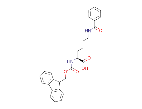 Molecular Structure of 1007096-37-8 ((S)-2-(((9H-fluoren-9-yl)methoxy)carbonylamino)-6-benzamidohexanoic acid)