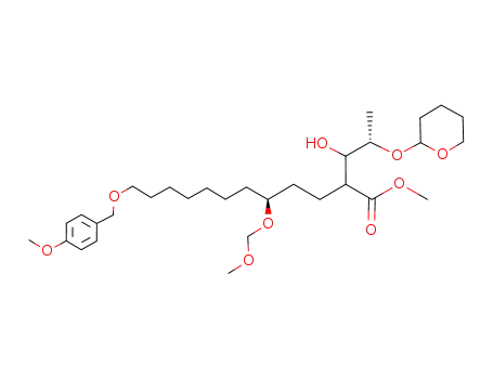 Molecular Structure of 324024-12-6 ((S)-2-[(S)-1-Hydroxy-2-(tetrahydro-pyran-2-yloxy)-propyl]-12-(4-methoxy-benzyloxy)-5-methoxymethoxy-dodecanoic acid methyl ester)