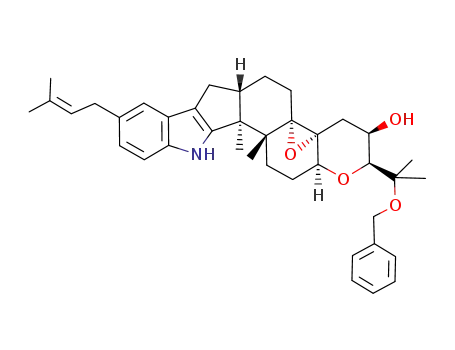 Molecular Structure of 502614-07-5 ((-)-(2S,3R,4aR,5aS,13bS,13cR,15aS)-2-[1-(benzyloxy)-1-methylethyl]-3,4,5,6,7,7a,8,13,13b,13c,14,15,15a-dodecahydro-13b,13c-dimethyl-10-(3-methylbut-2-enyl)-2H-oxireno[2'',3'':4a',5'][1]benzopyrano[5'6':6,7]indeno[1,2-b]indol-3-ol)