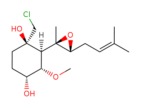 Molecular Structure of 135268-12-1 (1,4-Cyclohexanediol,
1-(chloromethyl)-3-methoxy-2-[(2R,3R)-2-methyl-3-(3-methyl-2-butenyl)
oxiranyl]-, (1R,2S,3S,4R)-)