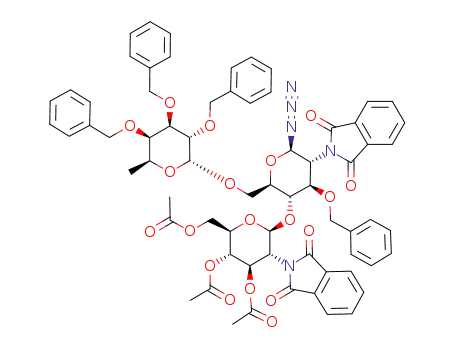 Molecular Structure of 622830-65-3 (O-(2,3,4-tri-O-acetyl-2-deoxy-2-phthalimido-β-D-glucopyranosyl)-(1->4)-[O-(2,3,4-tri-O-benzyl-α-L-fucopyranosyl)-(1->6)]-3-O-benzyl-2-deoxy-2-phthalimido-β-D-glucopyranosyl azide)
