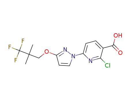 Molecular Structure of 2229861-17-8 (2-chloro-6-[3-(3,3,3-trifluoro-2,2-dimethyl-propoxy)pyrazol-1-yl]pyridine-3-carboxylic acid)