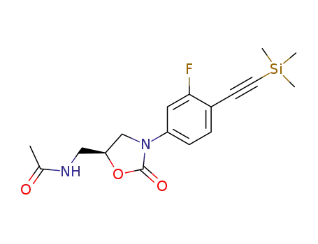 Molecular Structure of 398152-55-1 (Acetamide,
N-[[(5S)-3-[3-fluoro-4-[(trimethylsilyl)ethynyl]phenyl]-2-oxo-5-oxazolidinyl]
methyl]-)