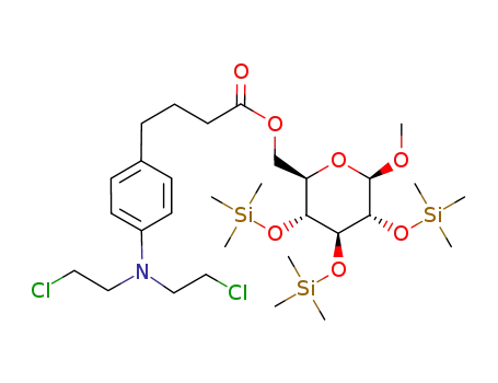 Molecular Structure of 187218-13-9 (4-{4-[Bis-(2-chloro-ethyl)-amino]-phenyl}-butyric acid (2R,3R,4S,5R,6R)-6-methoxy-3,4,5-tris-trimethylsilanyloxy-tetrahydro-pyran-2-ylmethyl ester)