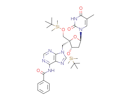 Molecular Structure of 879015-11-9 (3',5'-O-di[(1,1-dimethylethyl)dimethylsilyl]-4'-C-[(N<sup>6</sup>-benzoyladenin-9-yl)-methyl]-thymidine)