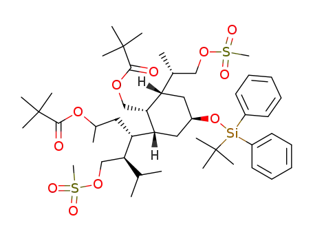 Molecular Structure of 831235-38-2 (Propanoic acid, 2,2-dimethyl-,
(3R,4R)-3-[(1R,2S,3S,5S)-5-[[(1,1-dimethylethyl)diphenylsilyl]oxy]-2-[(2,
2-dimethyl-1-oxopropoxy)methyl]-3-[(1S)-1-methyl-2-[(methylsulfonyl)oxy
]ethyl]cyclohexyl]-1,5-dimethyl-4-[[(methylsulfonyl)oxy]methyl]hexyl ester)