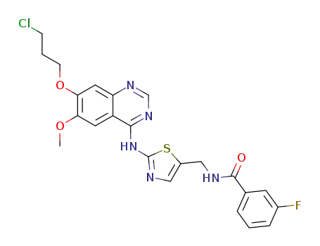 Molecular Structure of 878376-19-3 (Benzamide,
N-[[2-[[7-(3-chloropropoxy)-6-methoxy-4-quinazolinyl]amino]-5-thiazolyl]
methyl]-3-fluoro-)