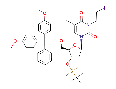 Molecular Structure of 749254-17-9 (1-[5-[bis-(4-methoxy-phenyl)-phenyl-methoxymethyl]-4-(<i>tert</i>-butyl-dimethyl-silanyloxy)-tetrahydro-furan-2-yl]-3-(2-iodo-ethyl)-5-methyl-1<i>H</i>-pyrimidine-2,4-dione)