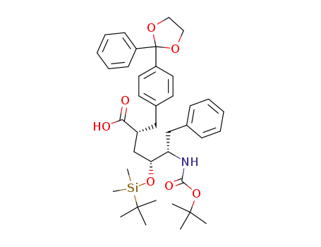 Molecular Structure of 794525-87-4 (5(S)-tert-butoxycarbonylamino-4(R)-(tert-butyldimethylsilanyloxy)-6-phenyl-2-(4-(2-phenyl-1,3-dioxolan-2-yl)-benzyl)hexanoic acid)
