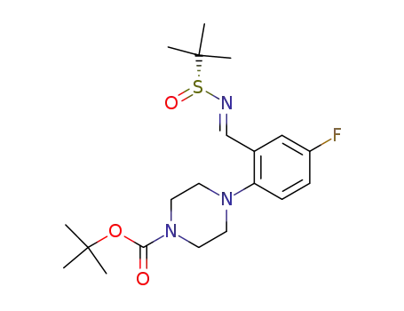 Molecular Structure of 869478-21-7 (4-{4-fluoro-2-[((R<sub>S</sub>)-2-methyl-propane-2-sulfinylimino)-methyl]-phenyl}-piperazine-1-carboxylic acid tert-butyl ester)