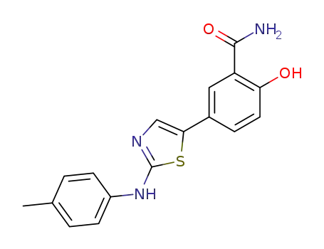 Molecular Structure of 799280-07-2 (2-hydroxy-5-(2-<i>p</i>-tolylamino-thiazol-5-yl)-benzamide)
