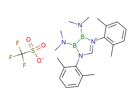 Molecular Structure of 850816-21-6 (2,3-bis-dimethylamino-1,4-bis-(2,6-dimethyl-phenyl)-3,4-dihydro-2<i>H</i>-[1,4,2,3]diazadiborol-1-ium; trifluoro-methanesulfonate)