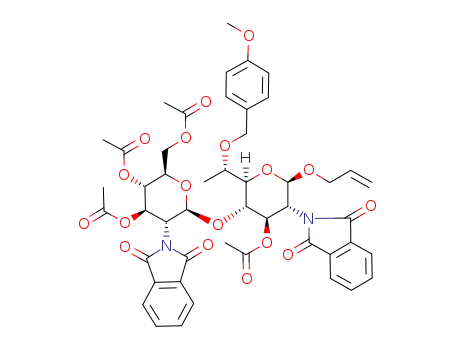 Molecular Structure of 428499-74-5 (allyl (6S)-3-O-acetyl-2-deoxy-4-O-(2-deoxy-2-phthalimido-3,4,6-tri-O-acetyl-β-D-glucopyranosyl)-6-O-(p-methoxybenzyl)-6-C-methyl-2-phthalimido-β-D-glucopyranoside)