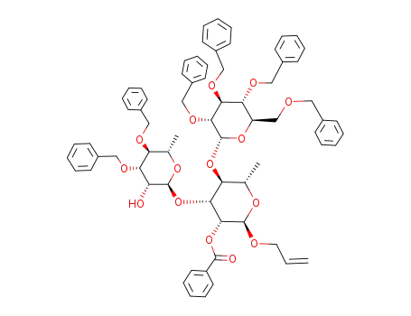 Molecular Structure of 672907-44-7 (allyl (3,4-di-O-benzyl-α-L-rhamnopyranosyl)-(1->3)-[2,3,4,6-tetra-O-benzyl-α-D-glucopyranosyl-(1->4)]-2-O-benzoyl-α-L-rhamnopyranoside)
