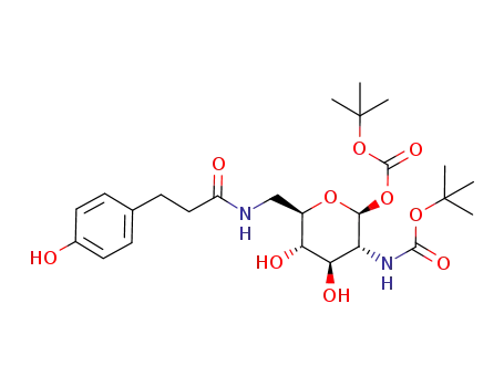 Molecular Structure of 910055-71-9 (Carbonic acid (2S,3R,4R,5S,6R)-3-tert-butoxycarbonylamino-4,5-dihydroxy-6-{[3-(4-hydroxy-phenyl)-propionylamino]-methyl}-tetrahydro-pyran-2-yl ester tert-butyl ester)