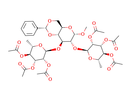 Molecular Structure of 221012-71-1 (methyl 2,3-di-O-(2,3,4-tri-O-acetyl-α-L-rhamnopyranosyl)-(R)-4,6-O-benzylidene-α-D-glucopyranoside)
