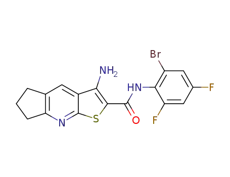 Molecular Structure of 497061-48-0 (3-amino-N-(2-bromo-4,6-difluorophenyl)-6,7-dihydro-5H-cyclopenta[b]thieno[3,2-e]pyridine-2-carboxamide)