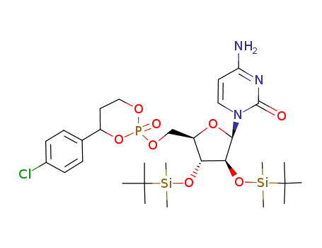 Molecular Structure of 928780-22-7 (4-amino-1-{3,4-bis-(<i>tert</i>-butyl-dimethyl-silanyloxy)-5-[4-(4-chloro-phenyl)-2-oxo-2λ<sup>5</sup>-[1,3,2]dioxaphosphinan-2-yloxymethyl]-tetrahydro-furan-2-yl}-1<i>H</i>-pyrimidin-2-one)