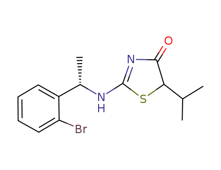 Molecular Structure of 927175-30-2 (4(5H)-Thiazolone,
2-[[(1S)-1-(2-bromophenyl)ethyl]amino]-5-(1-methylethyl)-)