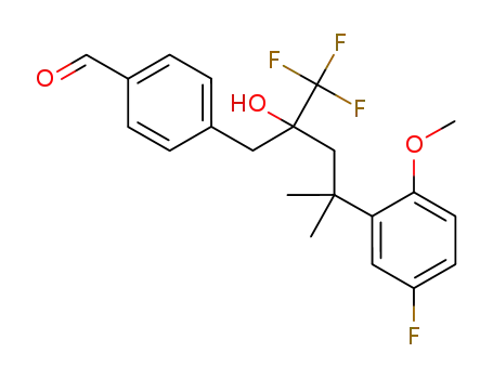 Molecular Structure of 609807-13-8 (4-[4-(5-fluoro-2-methoxyphenyl)-2-hydroxy-4-methyl-2-trifluoromethylpentyl]benzaldehyde)