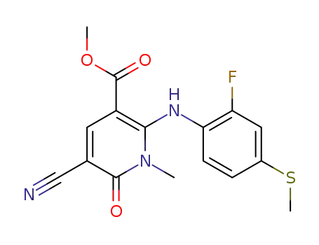 Molecular Structure of 869357-74-4 (methyl 5-cyano-2-(2-fluoro-4-(methylthio)phenylamino)-1-methyl-6-oxo-1,6-dihydropyridine-3-carboxylate)