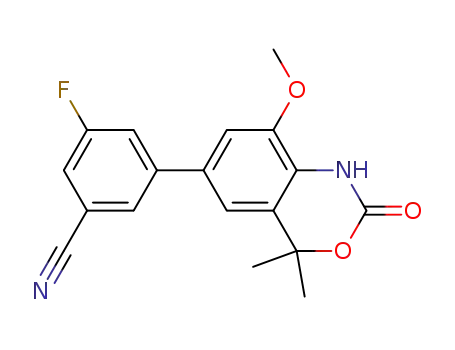 Molecular Structure of 305800-55-9 (3-(4,4-dimethyl-8-methoxy-2-oxo-1,4-dihydro-2H-3,1-benzoxazin-6-yl)-5-fluorobenzonitrile)