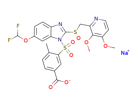 Molecular Structure of 651728-95-9 (Benzoic acid,
3-[[6-(difluoromethoxy)-2-[[(3,4-dimethoxy-2-pyridinyl)methyl]sulfinyl]-1H
-benzimidazol-1-yl]sulfonyl]-4-methyl-, sodium salt)