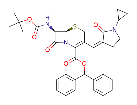 Molecular Structure of 161675-43-0 ([6R-[3(E),6α,7β]]-3-[(1-Cyclopropyl-2-oxo-3-pyrrolidinylidene)-methyl]-7-[[(1,1-dimethylethoxy)carbonyl]amino]-8-oxo-5-thia-1-azabicyclo[4.2.0]oct-2-ene-2-carboxylic acid diphenylmethyl ester)