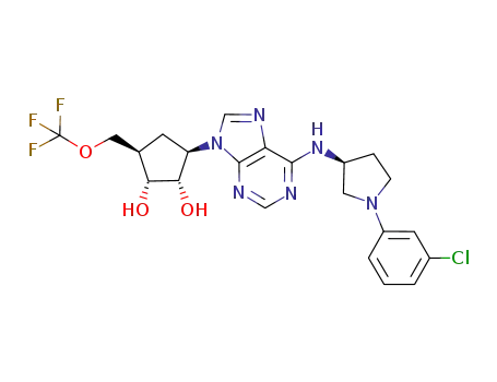 Molecular Structure of 636600-31-2 ((1R,2S,3R,5R)-3-{6-[1-(3-chloro-phenyl-1-yl)-pyrrolidin-3(S)-ylamino]-purin-9-yl}-5-trifluoromethoxymethyl-cyclopentane-1,2-diol)