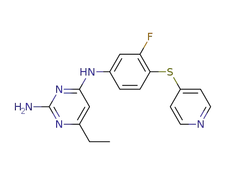 Molecular Structure of 570415-02-0 (6-ethyl-N<sub>4</sub>-[3-fluoro-4-(4-pyridinylsulfanyl)phenyl]-2,4-pyrimidinediamine)