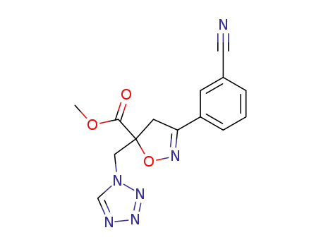 Molecular Structure of 193006-39-2 (5-Isoxazolecarboxylic acid,
3-(3-cyanophenyl)-4,5-dihydro-5-(1H-tetrazol-1-ylmethyl)-, methyl ester)