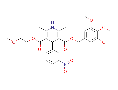 Molecular Structure of 61312-16-1 (3,5-Pyridinedicarboxylic acid,
1,4-dihydro-2,6-dimethyl-4-(3-nitrophenyl)-, 3-(2-methoxyethyl)
5-[(3,4,5-trimethoxyphenyl)methyl] ester)