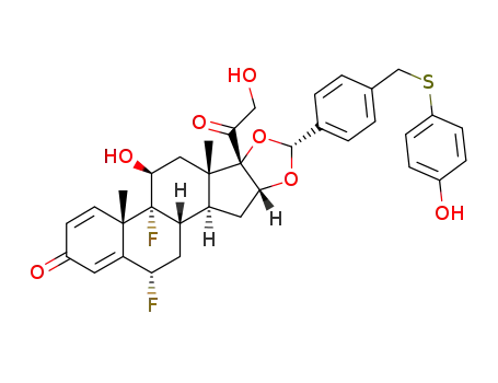 Molecular Structure of 1159113-33-3 ((4aS,4bR,5S,6aS,6bS,8R,9aR,10aS,10bS,12S)-4b,12-difluoro-6b-glycoloyl-5-hydroxy-8-(4-{[(4-hydroxyphenyl)thio]methyl}phenyl)-4a,6a-dimethyl-4a,4b,5,6,6a,6b,9a,10,10a,10b,11,12-dodecahydro-2H-naphtho[2',1':4,5]indeno[1,2-d][1,3]dioxol-2-one)