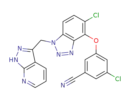 Molecular Structure of 1034474-21-9 (3-chloro-5-{[5-chloro-1-(1H-pyrazolo[3,4-b]pyridin-3-ylmethyl)-1H-1,2,3-benzotriazol-4-yl]oxy}benzonitrile)