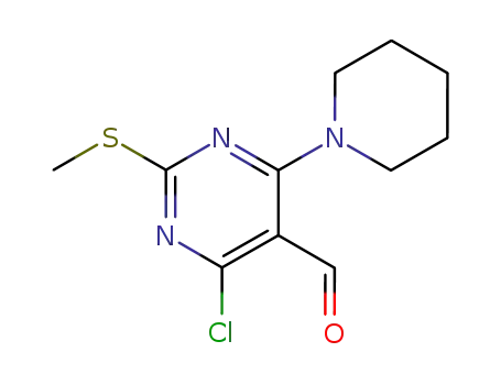 Molecular Structure of 445040-60-8 (4-CHLORO-2-(METHYLSULFANYL)-6-(1-PIPERIDINYL)-5-PYRIMIDINECARBALDEHYDE)