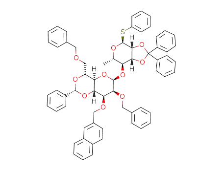 phenyl 2,7-di-O-benzyl-4,6-O-benzylindene-3-O-(2-naphthalenylmethyl)-D-glycero-β-D-mannoheptopyranosyl-(1-4)-2,3-O-(diphenylmethylene)-1-thio-α-L-rhamnopyranoside