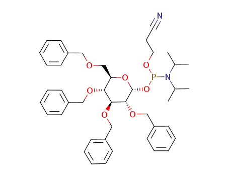 Molecular Structure of 1085304-09-1 (2-cyanoethyl-(2,3,4,6-tetra-O-benzyl-α-D-glucopyranosyl)-N,N'-diisopropylphosphoramidite)
