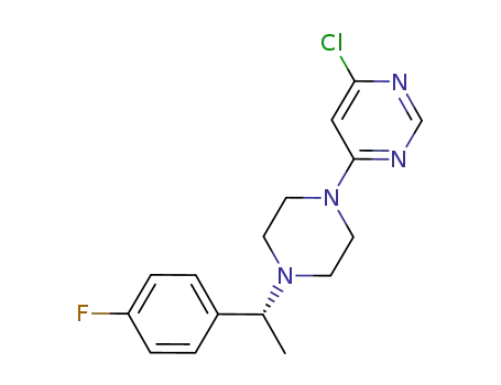 Molecular Structure of 1020064-27-0 (4-chloro-6-{4-[(R)-1-(4-fluoro-phenyl)-ethyl]-piperazin-1-yl}-pyrimidine)