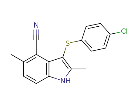Molecular Structure of 628736-08-3 (1H-Indole-4-carbonitrile, 3-[(4-chlorophenyl)thio]-2,5-dimethyl-)