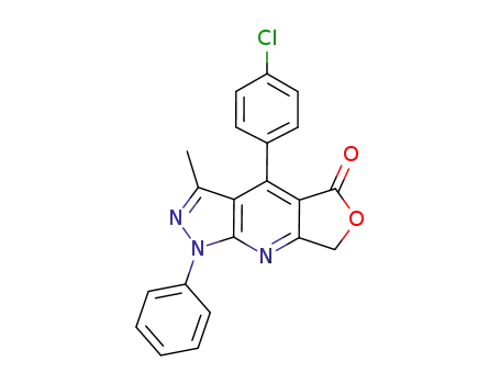 Molecular Structure of 1049682-27-0 (4-(4-chlorophenyl)-3-methyl-1-phenyl-1,7-dihydro-5H-furo[3,4-b]pyrazolo[4,3-e]pyridine-5-one)