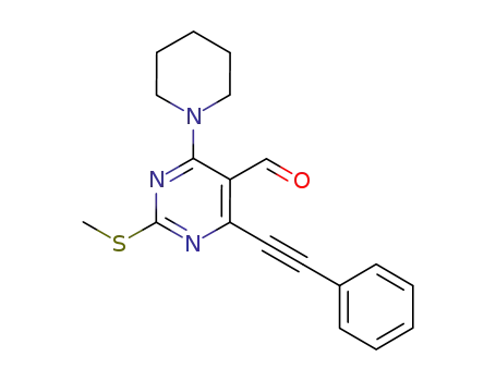 Molecular Structure of 1067892-73-2 (2-methylthio-6-phenylethynyl-4-(piperidin-1-yl)pyrimidine-5-carbaldehyde)