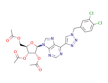 Molecular Structure of 1245773-37-8 ((2R,3R,4R,5R)-2-(acetoxymethyl)-5-(6-(1-(3,4-dichlorobenzyl)-1H-1,2,3-triazol-4-yl)-9H-purin-9-yl)tetrahydrofuran-3,4-diyl diacetate)