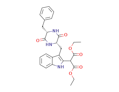 Molecular Structure of 1233078-22-2 (diethyl 2-(3-(((2S,5S)-5-benzyl-3,6-dioxopiperazin-2-yl)methyl)-1H-indol-2-yl)malonate)